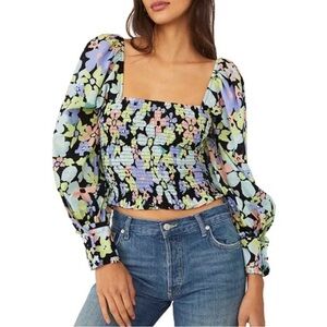 Free People Ariana Floral Puff Sleeve Smocked Square Neck Blouse size S